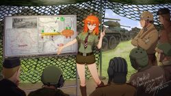 Rule 34 | 1girl, 6+boys, belarusian text, beret, boots, commentary request, commission, crossed arms, cyrillic, dated, garrison cap, gloves, goggles, goggles on headwear, hat, helmet, highres, index finger raised, knee boots, map, medium hair, military, military uniform, military vehicle, motor vehicle, multiple boys, necktie, one eye closed, orange hair, original, partially translated, russian text, shinmai (kyata), short shorts, shorts, skeb commission, tank, tank helmet, translation request, uniform, world of tanks