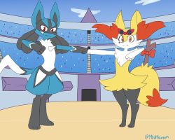 Rule 34 | 1boy, 1girl, animal ear fluff, animal ears, animal hands, arms up, artist name, blue sky, bow, braixen, clenched hands, closed mouth, cloud, creatures (company), day, eyewear on head, fist bump, fox ears, fox tail, full body, furry, game freak, gen 4 pokemon, gen 6 pokemon, highres, jpeg artifacts, looking at viewer, lucario, mezmaroon, nintendo, orange eyes, outdoors, outstretched arm, pokemon, pokemon (creature), red-framed eyewear, red bow, red eyes, sky, stadium, standing, stick, sunglasses, tail, twitter username, wolf ears
