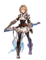 Rule 34 | 10s, 1girl, armor, belt, black thighhighs, blonde hair, boots, breasts, brown eyes, cleavage, djeeta (granblue fantasy), full body, gauntlets, granblue fantasy, granblue fantasy: relink, granblue fantasy project re:link, hairband, highres, looking at viewer, minaba hideo, miniskirt, official art, short hair, shoulder armor, simple background, skirt, smile, solo, standing, sword, thighhighs, weapon, white background, zettai ryouiki