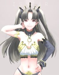 Rule 34 | 1girl, arm warmers, armband, black hair, breasts, character name, cowboy shot, detached sleeves, earrings, fate (series), hand in own hair, hand on own hip, hoop earrings, ishtar (fate), ishtar (fate), jewelry, long hair, medium breasts, navel, red eyes, single arm warmer, skeptycally, smile, solo, tan background, twintails