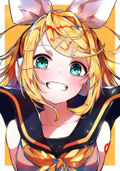 Rule 34 | 1girl, :d, bare shoulders, blonde hair, blue eyes, collarbone, grin, hair ornament, hairclip, harii (janib5kc), highres, jacket, kagamine rin, looking at viewer, open mouth, ribbon, ribbon hair, sailor collar, shirt, shoulder tattoo, simple background, smile, solo, tattoo, vocaloid