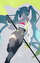 Rule 34 | 1girl, ahoge, aono 99, aqua eyes, aqua hair, asymmetrical bodysuit, black bodysuit, black gloves, bodysuit, boots, covered navel, crop top, crop top overhang, cropped jacket, dutch angle, flagpole, gloves, green gloves, grey background, hatsune miku, highres, holding, holding pole, long hair, looking at viewer, multicolored clothes, multicolored gloves, pole, racing miku, racing miku (2022), single thigh boot, smiley face, solo, standing, standing on one leg, thigh boots, thighhighs, twintails, vocaloid, yellow gloves