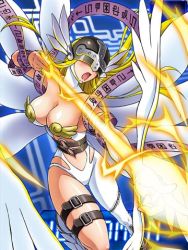 Rule 34 | 1girl, angel, angewomon, anklet, arrow (projectile), asymmetrical clothes, belt, blonde hair, bow, breasts, cleavage, digimon, digimon (creature), digimon collectors, elbow gloves, energy, female focus, gloves, helmet, jewelry, large breasts, long hair, lowres, midriff, monster girl, official art, open mouth, pasties, ribbon, solo, thighs, winged helmet, wings, zipper