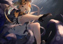 Rule 34 | 1girl, abigail williams (fate), black bow, black footwear, black hat, blonde hair, bloomers, blue eyes, blush, bow, closed mouth, fate/grand order, fate (series), forehead, hair bow, hat, highres, leaning back, legs, loafers, long hair, long sleeves, looking at viewer, orange bow, parted bangs, polka dot, polka dot bow, shoes, sleeves past fingers, sleeves past wrists, solo, tentacles, thighs, tsukimineko, underwear, white bloomers