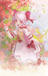 Rule 34 | 1girl, absurdres, blush, bow, bubble skirt, choker, commentary request, gloves, hair bow, hand up, highres, index finger raised, kaname madoka, looking at viewer, magical girl, mahou shoujo madoka magica, open mouth, pink eyes, pink hair, puffy short sleeves, puffy sleeves, red bow, red choker, ribbon choker, short hair, short sleeves, short twintails, skirt, smile, solo, twintails, white gloves, xianluojimaomao2333