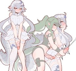 Rule 34 | 2girls, absurdres, arknights, blush, breasts, censored, clothes, cum, ejaculation, futa with futa, futanari, gavial (arknights), green hair, highres, large breasts, large penis, long hair, masturbation, multiple girls, nail polish, penis, penis grab, physisyoon, pointy ears, ponytail, simple background, tail, tomimi (arknights), veins, veiny penis, white background