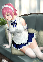 Rule 34 | 1girl, ariverkao, bare shoulders, breasts, closed mouth, dated, elbow gloves, frills, gloves, grey eyes, indoors, large breasts, lips, looking at viewer, maid, maid headdress, original, pink hair, ribbon, short hair, signature, sitting, smile, solo, thighhighs