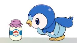 Rule 34 | bent over, blue eyes, bottle, commentary request, creature, creatures (company), from side, game freak, gen 4 pokemon, milk bottle, moomoo milk, nintendo, no humans, open mouth, piplup, pokemon, pokemon (creature), project pochama, solo, tongue, white background