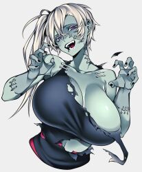 Rule 34 | 1girl, absurdres, asymmetrical hair, black nails, breasts, cleavage, colored skin, green skin, highres, huge breasts, hz (666v), large breasts, looking at viewer, open mouth, original, outstretched arms, pink eyes, shirt, single strap, stapled, stitched face, stitched fingers, stitched neck, stitches, tank top, torn clothes, torn shirt, white hair, zombie, zombie pose