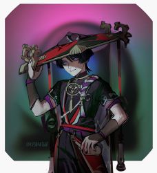 Rule 34 | 1boy, artist name, black hair, genshin impact, hair between eyes, hand on headwear, hand on own hip, hat, highres, jingasa, male focus, parted lips, purple eyes, r3p4aty bow, scaramouche (genshin impact), signature, sketch, smile, solo, standing