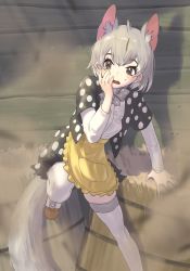 Rule 34 | animal ear fluff, animal ears, apron, black jacket, bow, bowtie, brown eyes, eastern quoll (kemono friends), extra ears, grey bow, grey bowtie, hay bale, highres, inaniku illust, jacket, kemono friends, long sleeves, mouse ears, mouse girl, mouse tail, polka dot, polka dot bowtie, polka dot jacket, shirt, short hair, solo, tail, thighhighs, white hair, white shirt, white thighhighs, yellow apron, zettai ryouiki