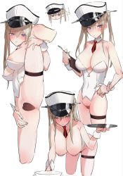 Rule 34 | 1girl, anus, bent over, blush, breasts, closed mouth, covered erect nipples, detached collar, graf zeppelin (kancolle), hair between eyes, hand on own hip, hat, highres, holding, holding tray, jaaku (ra 9rara), kantai collection, large breasts, long hair, looking at viewer, maebari, multiple views, necktie, nipples, peaked cap, purple eyes, sidelocks, simple background, sketch, split, standing, standing on one leg, standing split, thigh strap, tray, twintails, white background, wrist cuffs