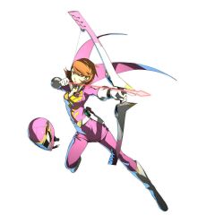 Rule 34 | 1girl, atlus, boots, bow (weapon), brown eyes, brown hair, earrings, full body, gloves, highres, jewelry, miniskirt, official art, pantyhose, persona, persona 3, persona 4: the ultimate in mayonaka arena, persona 4: the ultimax ultra suplex hold, pink pantyhose, pink skirt, sentai, short hair, simple background, skirt, soejima shigenori, solo, takeba yukari, weapon, white background, white gloves