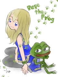 Rule 34 | 1girl, bare shoulders, black thighhighs, blonde hair, blue eyes, blue shorts, boy&#039;s club, bracelet, character name, creature, footprints, frog, head rest, jewelry, kneeling, long hair, looking at viewer, meme, no shoes, original, pepe the frog, shorts, signature, simple background, sitting, takeuchi kou, tank top, thighhighs, wariza, white background