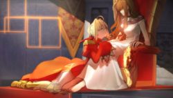 Rule 34 | 2girls, ahoge, arm rest, armor, armored boots, barefoot, blonde hair, boots, braid, braided bun, breasts, brown hair, carpet, dark, dress, epaulettes, fate/extella, fate/extra, fate (series), feet, game cg, green eyes, hair bun, hair intakes, hair over eyes, half-closed eyes, hand on another&#039;s leg, highres, indoors, juliet sleeves, kishinami hakuno (female), leaning on person, light smile, long hair, long sleeves, looking at another, medium breasts, multiple girls, nero claudius (fate), nero claudius (fate) (all), nero claudius (fate/extra), non-web source, official art, on floor, outstretched leg, pauldrons, photoshop (medium), puffy sleeves, red dress, red ribbon, ribbon, sad, sad smile, servant (fate), short sleeves, shoulder armor, single hair bun, sitting, spoilers, throne, toes, wada arco, white dress, wide sleeves, wrist cuffs, yokozuwari