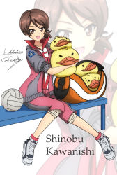 Rule 34 | 1girl, artist name, bag, ball, bench, brown eyes, brown hair, bukkuri, character name, commentary, dated, duffel bag, english text, girls und panzer, grey footwear, highres, holding, holding stuffed toy, jacket, kawanishi shinobu, knees together feet apart, looking at viewer, open clothes, open jacket, open mouth, pants, red jacket, red pants, red shirt, red socks, shirt, shoes, short hair, short ponytail, signature, sitting, smile, sneakers, socks, solo, sportswear, stuffed animal, stuffed duck, stuffed toy, swept bangs, track jacket, track pants, track suit, volleyball, volleyball (object), volleyball uniform, zoom layer