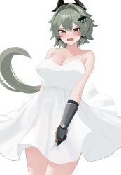 1girl 4kebidayo absurdres alternate_costume blush breasts caesar_king_(zenless_zone_zero) cleavage collarbone cowboy_shot dress furrowed_brow green_hair hair_between_eyes highres large_breasts long_hair open_mouth sidelocks simple_background sleeveless sleeveless_dress solo white_background white_dress yellow_eyes zenless_zone_zero