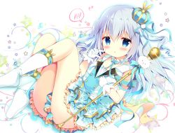 Rule 34 | 1girl, azumi kazuki, bare shoulders, blue eyes, blue hair, blue ribbon, blue skirt, blush, boots, clothes between thighs, commentary request, crown, daydream show, flying sweatdrops, frilled skirt, frills, full body, gloves, gochuumon wa usagi desu ka?, hair between eyes, hair ornament, hair ribbon, hand up, highres, kafuu chino, layered skirt, long hair, looking at viewer, microphone, mini crown, parted lips, pleated skirt, print skirt, ribbon, shirt, skirt, sleeveless, sleeveless shirt, snowflake print, solo, spoken blush, star (symbol), tippy (gochiusa), two side up, very long hair, white background, white footwear, white gloves, white shirt, x hair ornament