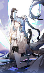 Rule 34 | 1girl, absurdres, arknights, arm up, black gloves, black shorts, blue eyes, blue hair, braid, breasts, coat, commentary, dragon girl, dragon horns, earrings, elbow gloves, gloves, highres, holding, holding hair, horns, jewelry, kneeling, ling (arknights), long hair, luan teng, necktie, open clothes, open coat, parted lips, pointy ears, shorts, signature, sketch, solo, white coat, yellow necktie