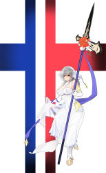 Rule 34 | 1girl, absurdres, artist request, azur lane, bad id, bad pixiv id, bare shoulders, blue ribbon, boots, breasts, bridal gauntlets, bridal veil, closed eyes, corset, cross-laced footwear, dress, fleur-de-lis, flower, french flag, full body, grey hair, highres, holding, holding polearm, holding weapon, lace-up boots, left-handed, long hair, looking at viewer, mole, mole under eye, polearm, red eyes, red flower, ribbon, saint-louis (azur lane), see-through, simple background, tight clothes, veil, weapon, wedding dress, white dress, white flower, white footwear