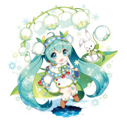 Rule 34 | 1girl, :d, absurdly long hair, ahoge, aqua eyes, aqua hair, blush, boots, rabbit, chibi, flower, full body, hairband, hatsune miku, leaf, lily of the valley, long hair, looking at viewer, mistletoe, nardack, open mouth, sitting, smile, snowdrop (flower), solo, twintails, very long hair, vocaloid, yuki miku, yukine (vocaloid)