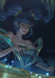 Rule 34 | 1girl, absurdres, black background, breasts, chryssv, cleavage, closed mouth, detached sleeves, green hair, hair ornament, half-closed eyes, highres, instrument, large breasts, league of legends, long hair, looking down, multicolored hair, solo, sona (league of legends), twintails, two-tone hair
