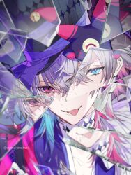 Rule 34 | 1boy, app filter, artist name, bishounen, black gloves, blue eyes, blue hair, broken glass, card, character name, close-up, collarbone, commentary, english commentary, english text, gavis bettel, glass, gloves, gradient hair, grey hair, hair between eyes, hat, heterochromia, highres, holostars, holostars english, looking at viewer, male focus, multicolored clothes, multicolored hair, phantom (gavis bettel), pink eyes, pink hair, portrait, senzaki makoto, smile, solo, tongue, tongue out, top hat, twitter username, virtual youtuber
