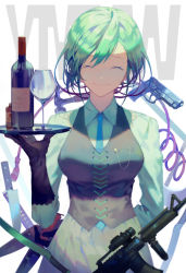 Rule 34 | 1girl, black gloves, black vest, blue necktie, bottle, breasts, closed mouth, collared shirt, cup, drinking glass, elbow gloves, facing viewer, gloves, green hair, green shirt, green skirt, gun, hammer, handgun, holding, holding tray, kitchen knife, knife, long sleeves, maid, medium breasts, necktie, original, pleated skirt, shirt, short hair, simple background, skirt, skull and crossbones, smile, solo, tray, vest, weapon, weapon request, white background, wine bottle, wine glass, yamakawa