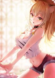 Rule 34 | 1girl, absurdres, animal ears, arknights, blonde hair, breasts, brown eyes, collar, cowboy shot, cutoffs, fur-trimmed shorts, fur collar, fur trim, highres, large breasts, lili mdoki, lion ears, lion tail, long hair, looking at viewer, midriff, navel, ponytail, red shorts, shirt, short shorts, shorts, siege (arknights), signature, solo, stretching, studded collar, tail, tank top, white tank top