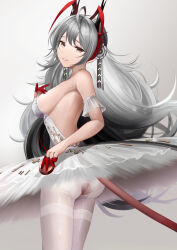 Rule 34 | 1girl, absurdres, alternate costume, antenna hair, arknights, ass, backless dress, backless outfit, bare shoulders, black hair, breasts, cowboy shot, demon girl, demon horns, demon tail, detached sleeves, dress, from behind, gradient background, gradient hair, grey background, grey hair, hand on own chest, highres, horns, large breasts, looking at viewer, looking back, multicolored hair, pantyhose, parted lips, red hair, short sleeves, sideboob, smile, solo, tail, tenmu miyabi, thighband pantyhose, w (arknights), white dress, white pantyhose, yellow eyes