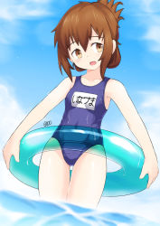 Rule 34 | 1girl, artist name, blue one-piece swimsuit, blue sky, blurry, brown eyes, brown hair, character name, cloud, cowboy shot, day, depth of field, flat chest, folded ponytail, highres, inazuma (kancolle), innertube, kantai collection, long hair, looking at viewer, name tag, one-piece swimsuit, outdoors, school swimsuit, shoutaro saito, sky, solo, standing, swim ring, swimsuit, thigh gap, water