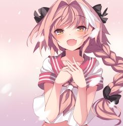 Rule 34 | 1boy, armadillon, astolfo (fate), astolfo (sailor paladin) (fate), blush, braid, cherry blossoms, fang, fate/grand order, fate (series), hair intakes, hair ribbon, highres, long hair, male focus, midriff, official alternate costume, open mouth, pink hair, ribbon, single braid, smile, solo, trap
