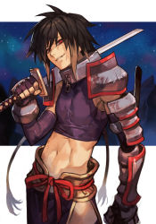 Rule 34 | 1boy, albel nox, armor, black hair, cowboy shot, gauntlets, grin, holding, holding sword, holding weapon, hungry clicker, katana, long hair, looking at viewer, male focus, midriff, navel, over shoulder, pauldrons, purple tank top, red eyes, red ribbon, ribbon, shoulder armor, smile, solo, star ocean, star ocean till the end of time, sword, tank top, very long hair, weapon, weapon over shoulder