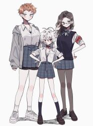 Rule 34 | 3girls, 3j dangan, adjusting eyewear, ahoge, aohitsugi samatoki, armband, asymmetrical bangs, bike shorts under skirt, black socks, black sweater vest, blush, breasts, brown hair, busujima rio mason, cigarette, collarbone, collared shirt, dog tags, dress, expressionless, finger to eyewear, flat chest, genderswap, genderswap (mtf), glasses, green eyes, grey dress, grey eyes, grey jacket, hand on own hip, hands on own hips, height difference, highres, hood, hooded jacket, hypnosis mic, iruma jyuto, jacket, large breasts, loafers, long hair, looking at viewer, miniskirt, multiple girls, neck ribbon, necktie, open clothes, open jacket, orange hair, pantyhose, parted hair, pendant choker, plaid, plaid necktie, plaid ribbon, plaid skirt, pleated skirt, rectangular eyewear, red armband, red eyes, ribbon, school uniform, semi-rimless eyewear, shirt, shoes, short hair, skirt, sleeves past wrists, sleeves rolled up, small breasts, smile, sneakers, socks, standing, sweater vest, v-shaped eyebrows, white background, white footwear, white hair, white shirt, white sneakers