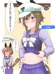 Rule 34 | 1girl, absurdres, animal ears, belly, belly grab, blush, breasts, brown hair, cheval grand (umamusume), closed mouth, collarbone, embarrassed, gameplay mechanics, hair between eyes, hair ornament, hat, highres, horse ears, horse girl, horse tail, medium breasts, midriff, motion lines, navel, plump, ribbon, ribehachi, school uniform, solo, surprised, sweatdrop, tail, tracen school uniform, translated, umamusume, weight conscious