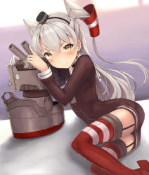 Rule 34 | 10s, 1girl, amatsukaze (kancolle), bad id, bad pixiv id, brown eyes, cannon, garter straps, gloves, hair tubes, kantai collection, long hair, red thighhighs, rensouhou-kun, ryuinu, school uniform, silver hair, sitting, striped clothes, striped thighhighs, thighhighs, turret, twintails, two side up