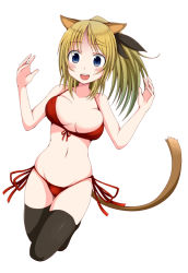 Rule 34 | 1girl, animal ears, bikini, black thighhighs, blonde hair, blue eyes, blush, breasts, front-tie top, katharine ohare, large breasts, ponytail, red bikini, rosettastone, side-tie bikini bottom, simple background, skindentation, smile, solo, strike witches, swimsuit, tail, thighhighs, world witches series