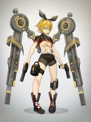 Rule 34 | 1girl, bad id, bad pixiv id, black bow, black footwear, black shirt, black shorts, blonde hair, blue eyes, boots, bow, breasts, commentary, crop top, dual wielding, full body, gun, hair bow, highres, holding, holding gun, holding weapon, kagamine rin, leg strap, looking at viewer, mechanical parts, medium breasts, midriff, neriw, shirt, short hair, shorts, smile, solo, standing, suspender shorts, suspenders, thigh strap, underboob, v-shaped eyebrows, vocaloid, weapon
