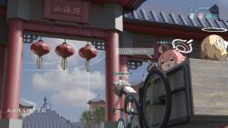 Rule 34 | 3d background, 3girls, :3, = =, ahoge, amonitto, animal ears, architecture, artist self-insert, bicycle, black gloves, blonde hair, blue archive, blue sky, bow, character name, cloud, commentary request, cycling uniform, east asian architecture, fake screenshot, film grain, fingerless gloves, gate, gloves, green gloves, grey hair, hair bow, hair flaps, halo, highres, hoshino (blue archive), lantern, multiple girls, open mouth, outdoors, paper lantern, pink hair, pointing, rickshaw, riding, riding bicycle, shiroko (blue archive), shiroko (cycling) (blue archive), short hair, short sleeves, sky, smile, translation request, trinity student (blue archive), user interface, white bow