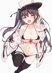 Rule 34 | 1girl, :d, azur lane, bare shoulders, bikini, black bikini, black footwear, black hair, black ribbon, black thighhighs, blush, breasts, cleavage, coat, collarbone, commentary request, cowboy shot, fang, front-tie bikini top, front-tie top, fur-trimmed coat, fur trim, groin, hair between eyes, hair ribbon, half-closed eyes, hand up, hat, highres, large breasts, long hair, long sleeves, looking at viewer, lows., micro bikini, midriff, navel, off-shoulder coat, off shoulder, one side up, open mouth, padded coat, pamiat merkuria (azur lane), purple eyes, ribbon, shoes, side-tie bikini bottom, sidelocks, signature, simple background, skindentation, smile, solo, standing, standing on one leg, swimsuit, thigh strap, thighhighs, underboob, white background, white coat, white hat