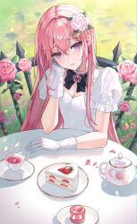 Rule 34 | 1girl, arm rest, black bow, bow, bowtie, breasts, brooch, cake, cake slice, cleavage, commentary, cup, day, dress, earrings, english commentary, flower, food, from above, fruit, gloves, grass, hair between eyes, hair flower, hair ornament, hand up, head rest, highres, jewelry, long hair, looking at viewer, original, outdoors, parted lips, pink flower, pink hair, pink rose, plate, poise, puffy short sleeves, puffy sleeves, purple eyes, rose, short sleeves, sitting, small breasts, solo, strawberry, sunlight, table, teacup, teapot, white dress, white gloves