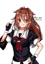 Rule 34 | 1girl, absurdres, asymmetrical clothes, black gloves, black serafuku, brown eyes, brown hair, commentary request, dated, fingerless gloves, gloves, hair flaps, hairband, highres, index finger raised, kantai collection, looking at viewer, neckerchief, one-hour drawing challenge, red hairband, red neckerchief, sailor collar, school uniform, serafuku, shiratsuyu (kancolle), shiratsuyu kai ni (kancolle), simple background, smile, solo, tamako (sui 8931), tongue, tongue out, twitter username, upper body, whistle, whistle around neck, white background, white sailor collar