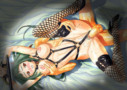 Rule 34 | 00s, 1girl, arms up, bdsm, blush, bondage, bound, grabbing another&#039;s breast, breasts, censored, collar, fishnet thighhighs, fishnets, from behind, grabbing, green hair, harness, high heels, leather, legs, lolita channel, long hair, my-hime, my-otome, nipples, okuzaki akira, open mouth, penis, pussy, red eyes, red hair, sex, shoes, slave, solo focus, spreader bar, sweat, teeth, thighhighs, vaginal