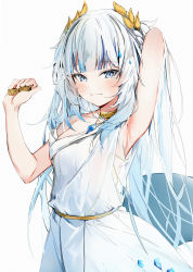 Rule 34 | 1girl, absurdres, arm behind head, arm up, armpits, bare arms, blue eyes, blue hair, choker, closed mouth, commentary, cowboy shot, dress, gawr gura, gawr gura (party dress), hair ornament, highres, holding, hololive, hololive english, laurel crown, long hair, looking at viewer, multicolored hair, official alternate costume, silver (chenwen), simple background, solo, standing, tail, toga, two-tone hair, very long hair, virtual youtuber, white background, white dress, white hair, yellow choker