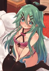 Rule 34 | 10s, 1girl, between legs, bikini, black thighhighs, blush, breasts, cleavage, commentary request, frilled thighhighs, frills, green eyes, green hair, hair between eyes, hair ornament, hair ribbon, hairclip, hand between legs, highres, indoors, kantai collection, long hair, medium breasts, navel, on bed, parted lips, pillow, pink bikini, plaid, plaid bikini, ribbon, sitting, solo, suzuki toto, swimsuit, thighhighs, wariza, yamakaze (kancolle)