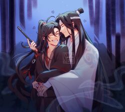 Rule 34 | 2boys, artist name, black hair, black hanfu, blue background, chinese clothes, closed eyes, closed mouth, cloud print, couple, dated, evening, flute, forest, hair bun, hanfu, headband, heart, high ponytail, highres, holding, holding flute, holding hands, holding instrument, hug, instrument, long hair, long sleeves, male focus, modao zushi, multiple boys, nature, open mouth, outdoors, ponytail, red trim, ribbon, samairu, single hair bun, smile, steam, tassel, transverse flute, tree, upper body, very long hair, watermark, white hanfu, wide sleeves, xiao guan (headdress), yaoi