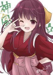 Rule 34 | 1girl, \m/, bow, character name, hair bow, hakama, highres, japanese clothes, kamikaze (kancolle), kantai collection, kimono, long hair, looking at viewer, meiji schoolgirl uniform, one-hour drawing challenge, pink hakama, purple eyes, purple hair, red kimono, ryouki (34388923), simple background, smile, solo, twitter username, white background, yellow bow