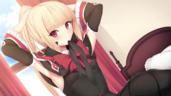 Rule 34 | 1girl, blazblue, blonde hair, bow, daiaru, detached sleeves, long hair, mouth hold, ponytail, rachel alucard, red bow, red eyes, ribbon, solo