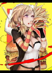 Rule 34 | 1girl, ayatoki-1, bad id, bad pixiv id, blonde hair, breasts, burger, cleavage, eating, food, french fries, gloves, hair ornament, hairclip, highres, ketchup, md5 mismatch, medium breasts, open mouth, original, purple eyes, side ponytail, solo