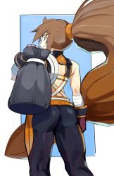 Rule 34 | 1girl, absurdres, ass, brown eyes, brown hair, dnf duel, dungeon and fighter, fighter (dungeon and fighter), gloves, highres, long hair, looking back, ponytail, solo, striker (dungeon and fighter)